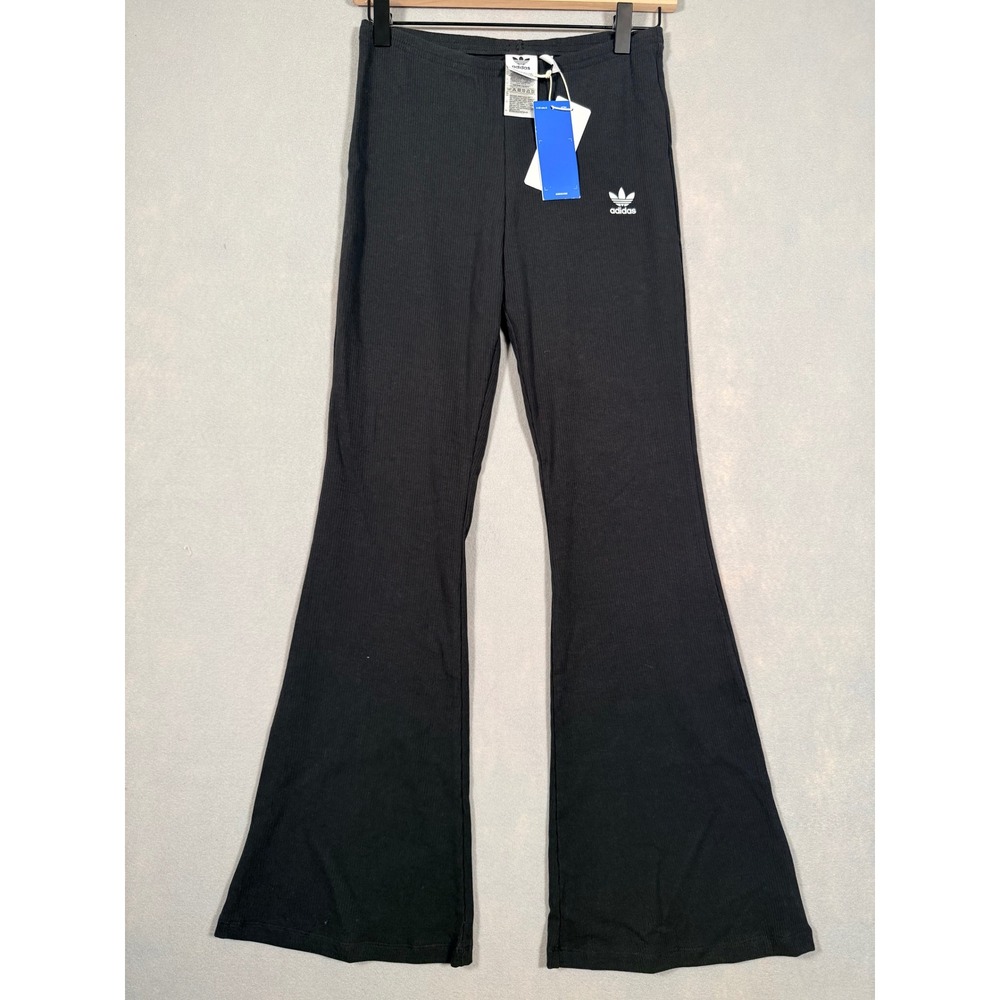 Adidas Originals Kids Ribbed Flare Leggings Black Trefoil Logo Pants NEW
